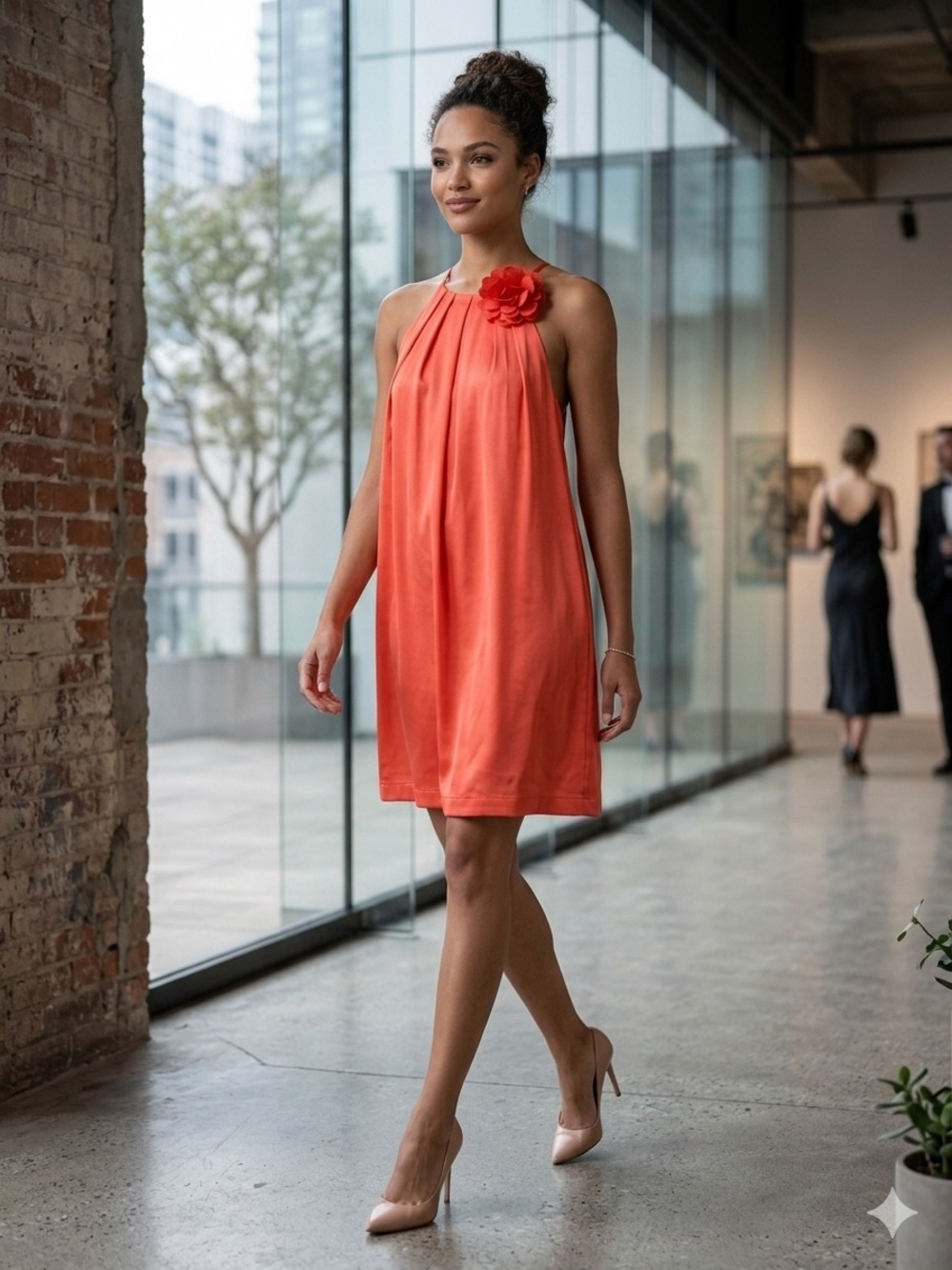 Mango Vibrant Coral One-Shoulder Shift Dress with Floral Detail